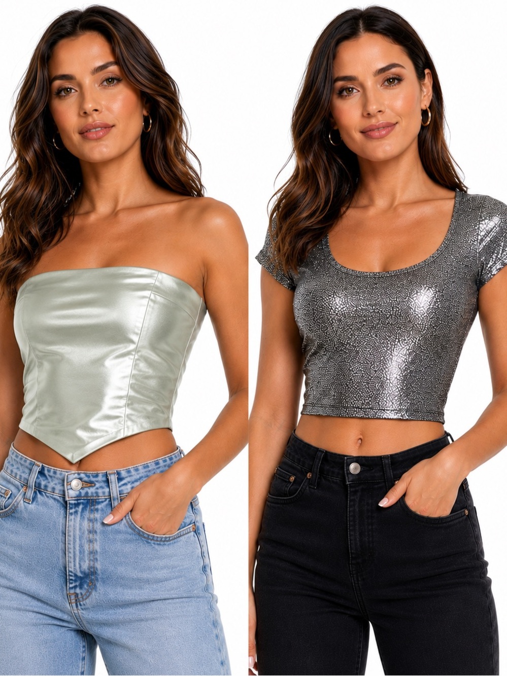 Forever 21 Metallic Crop Tops in Sage and Silver, 2 item bundle size S/m